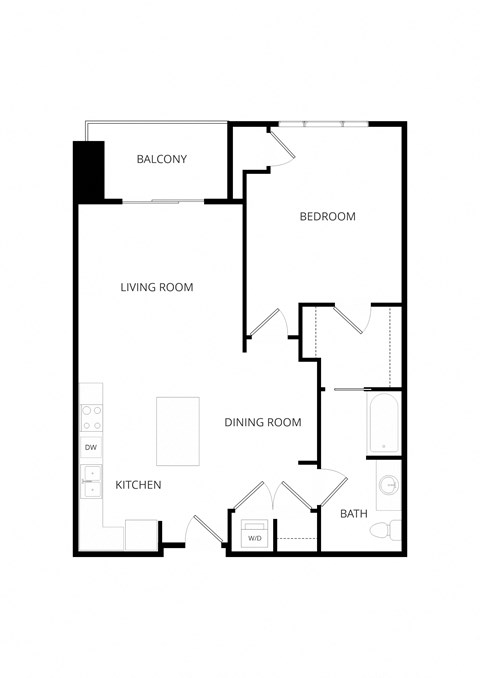 Floor plan for 1 bed, 1 bath, 809 sqft